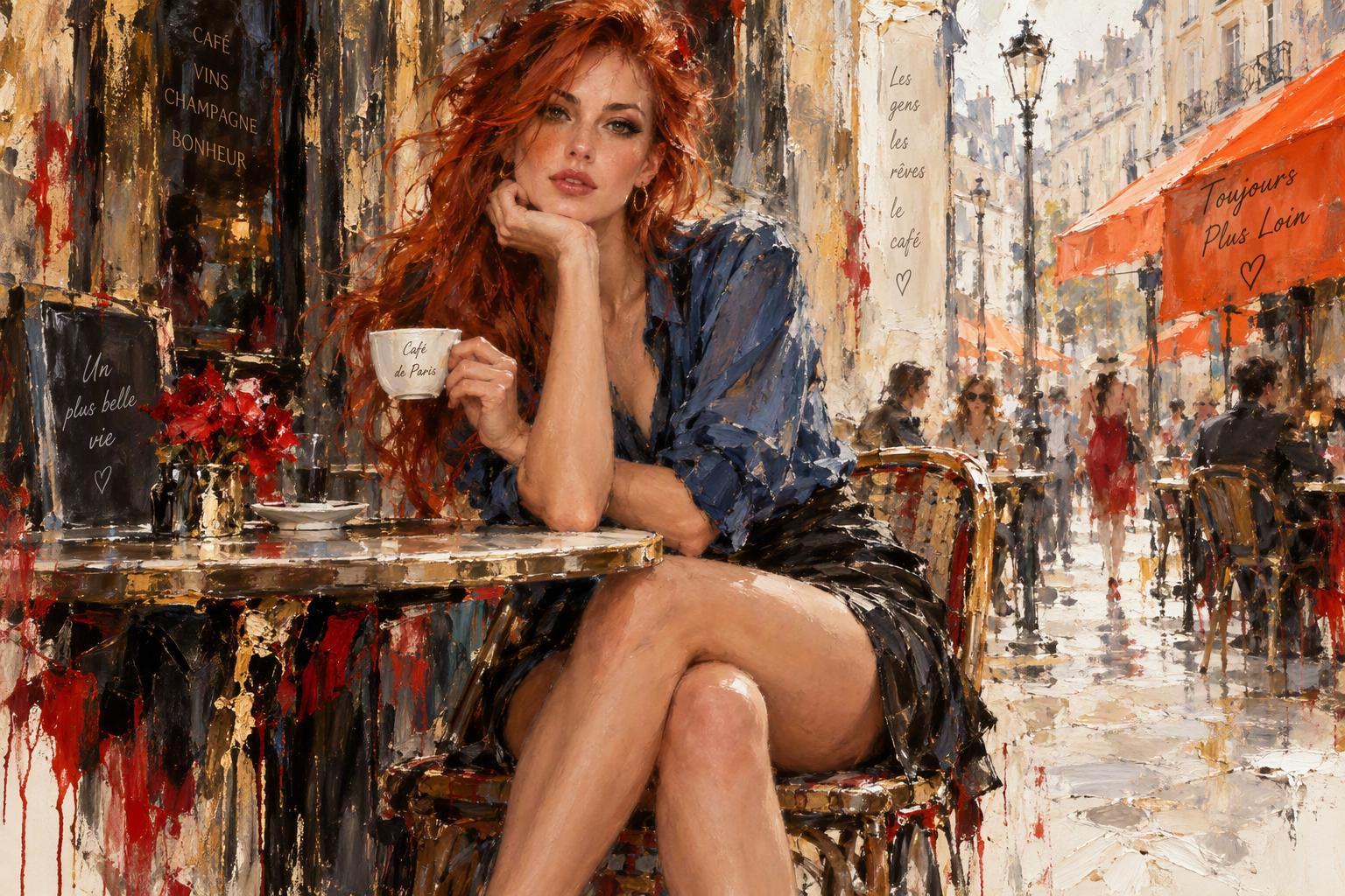 Red-haired woman holds a coffee cup while seated at a bustling Parisian sidewalk cafe in an impressionist painting