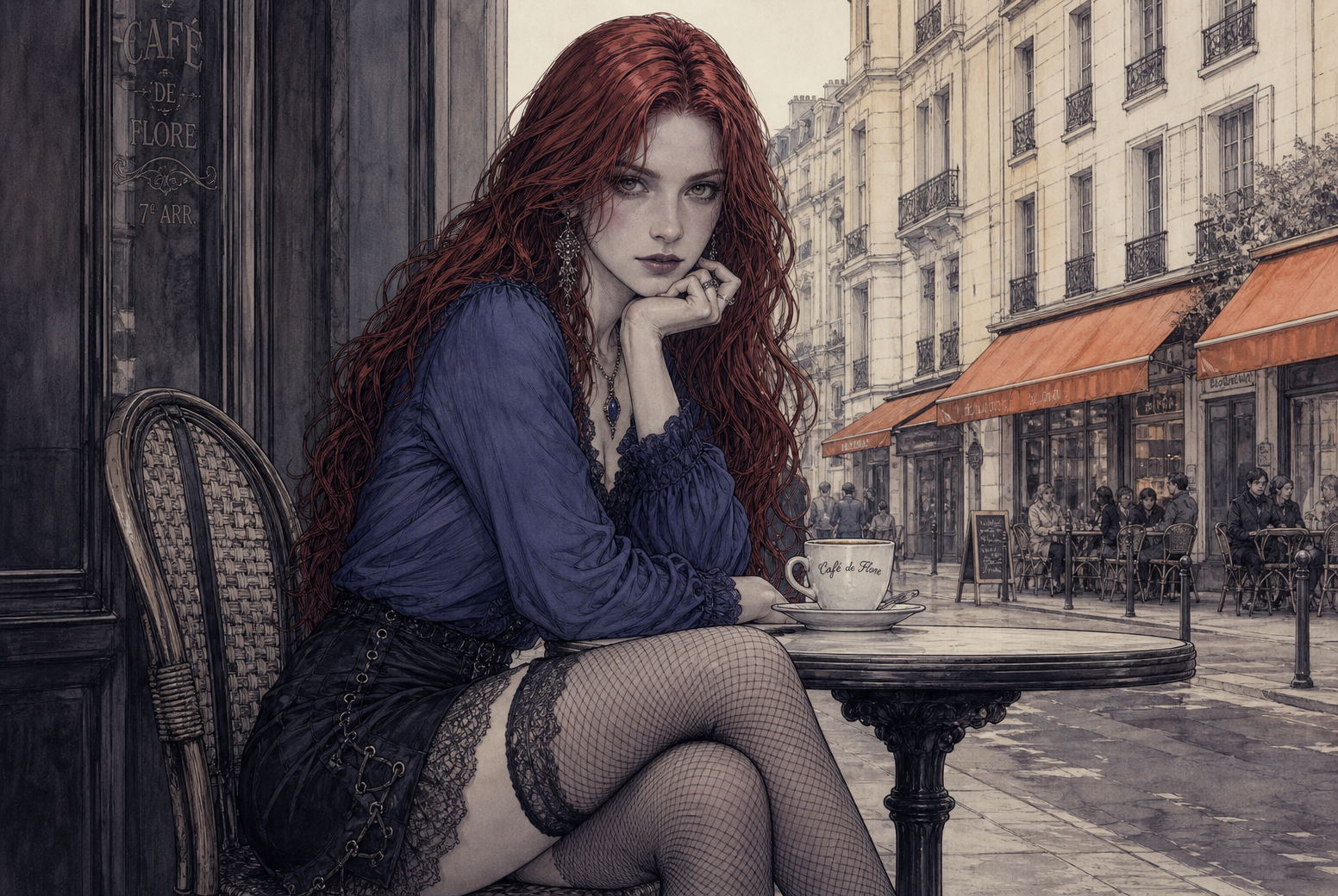 Pensive woman with long curly red hair sits at a Parisian sidewalk cafe table with a coffee cup