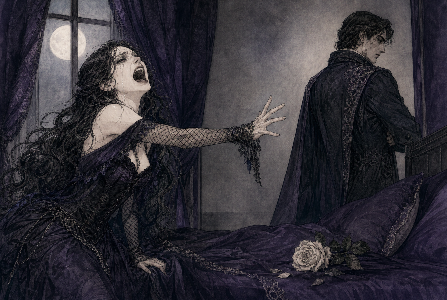 Distraught crying gothic woman reaches out to a departing man in a moonlit bedroom