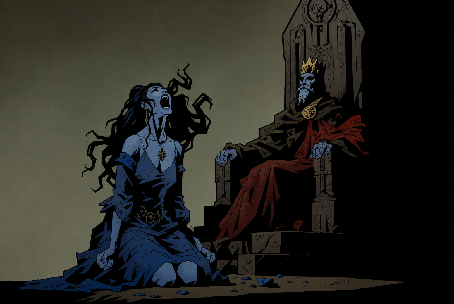 Anguished kneeling woman shouts up at an undead lich king seated on a carved stone skull throne