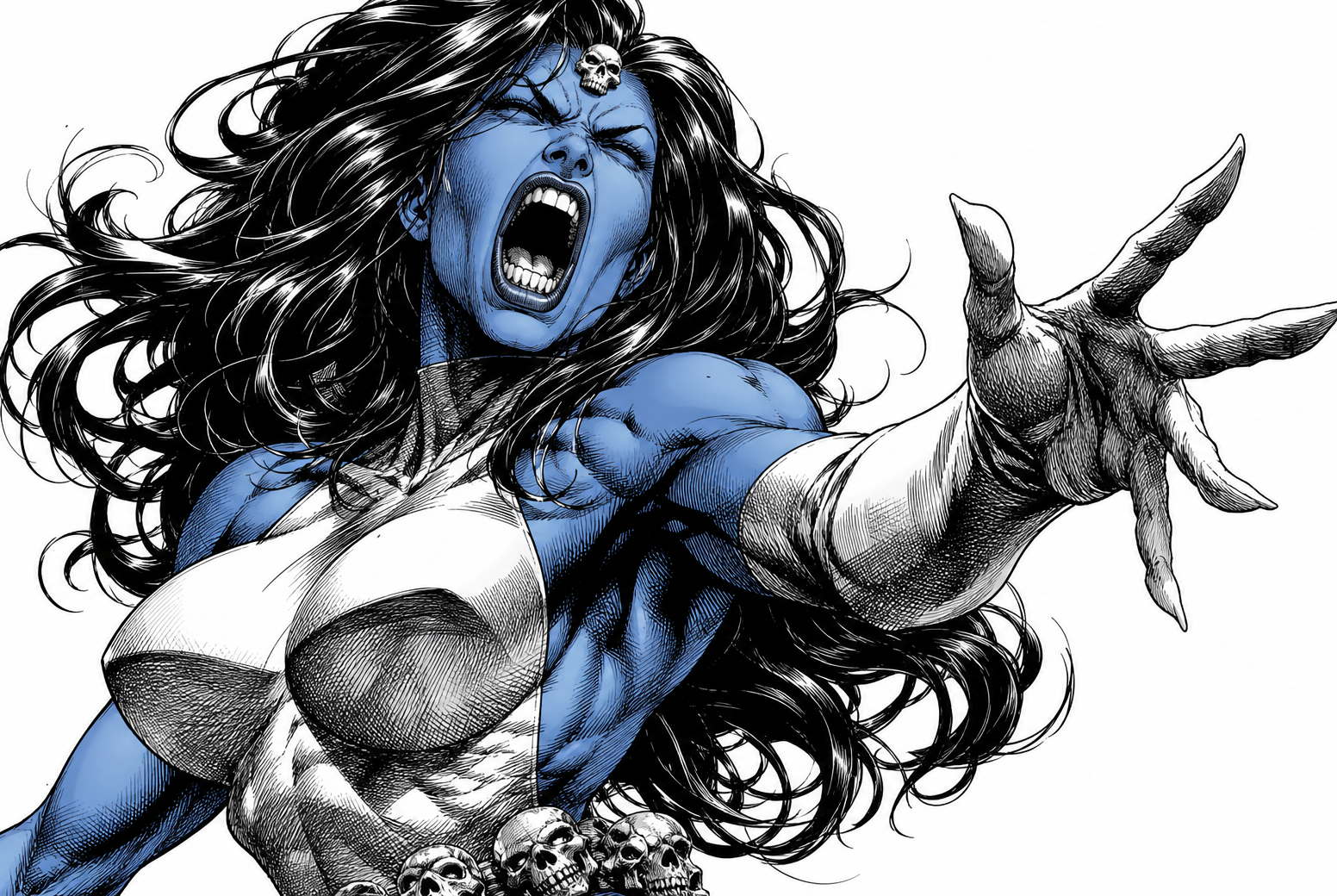 Blue-skinned fantasy antiheroine shouting aggressively while reaching forward with a clawed outstretched hand
