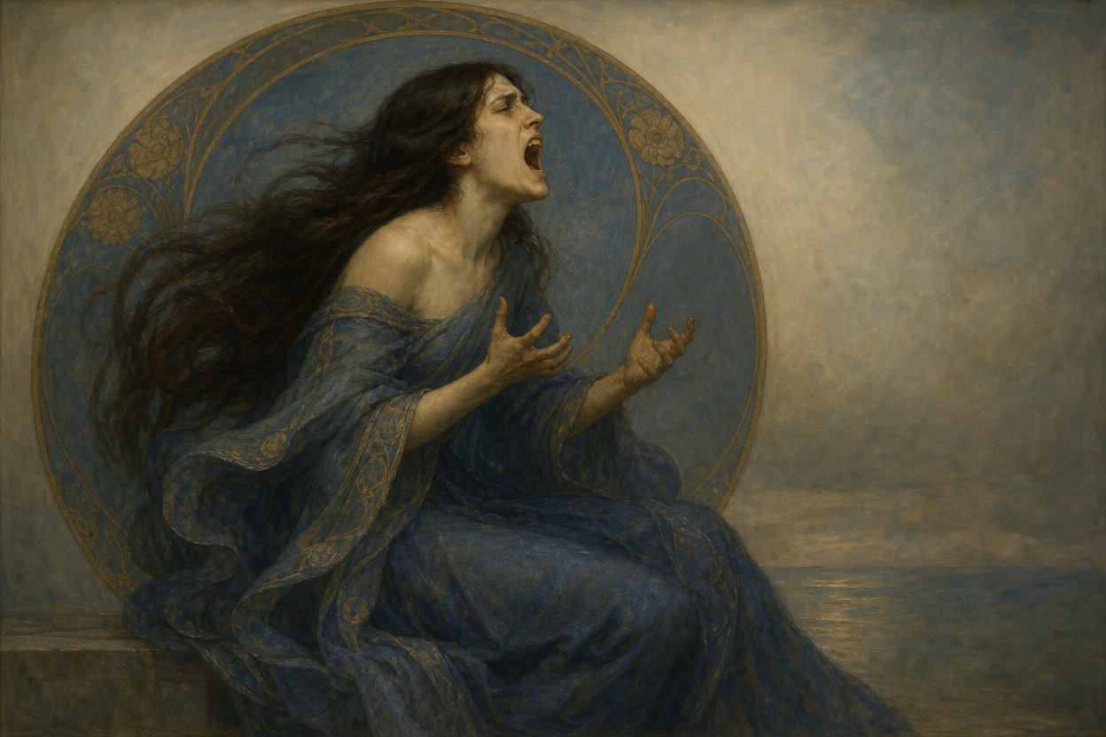 Distraught long-haired woman shouting in anguish, seated in a flowing embroidered blue robe beside a misty shore