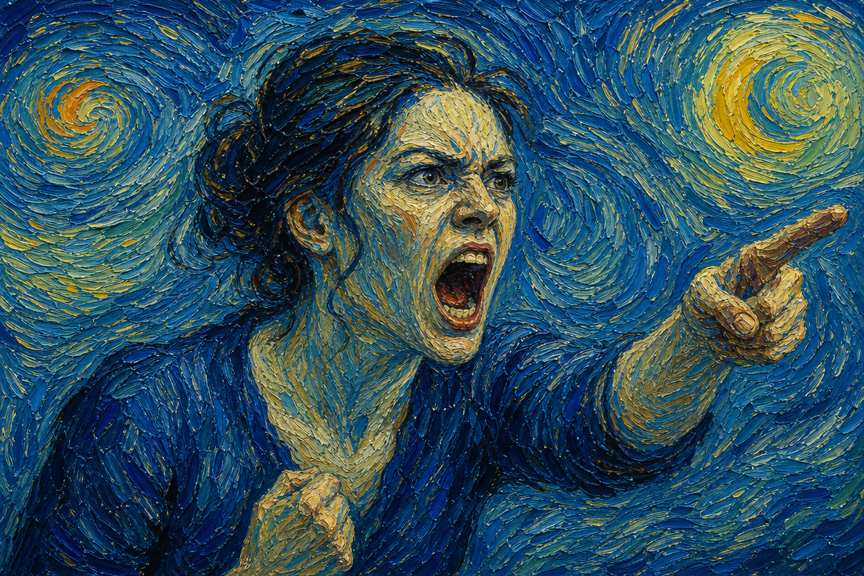 Thick impasto Van Gogh style painting of an angry shouting woman pointing accusingly