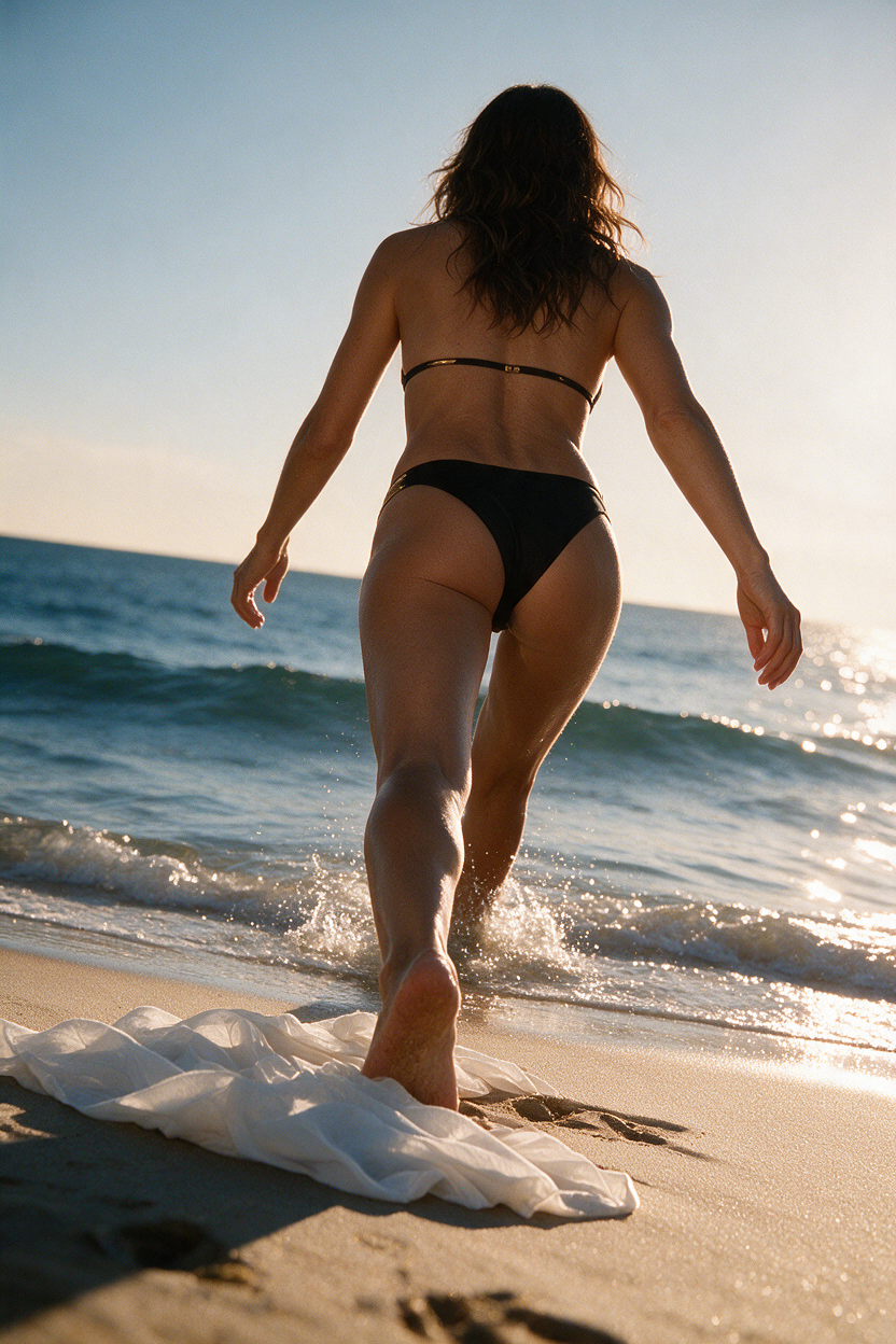 Woman viewed from behind in a black bikini walks into ocean waves from a sunlit sandy beach