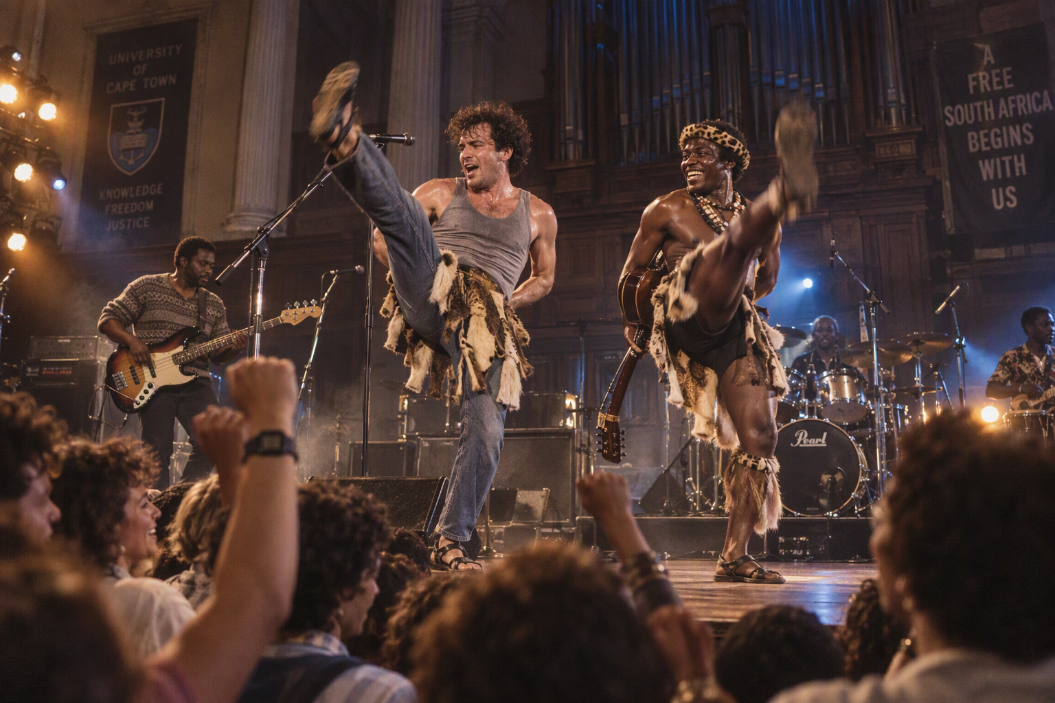 Two performers execute matching high kicks on stage during an energetic live concert for a packed cheering audience