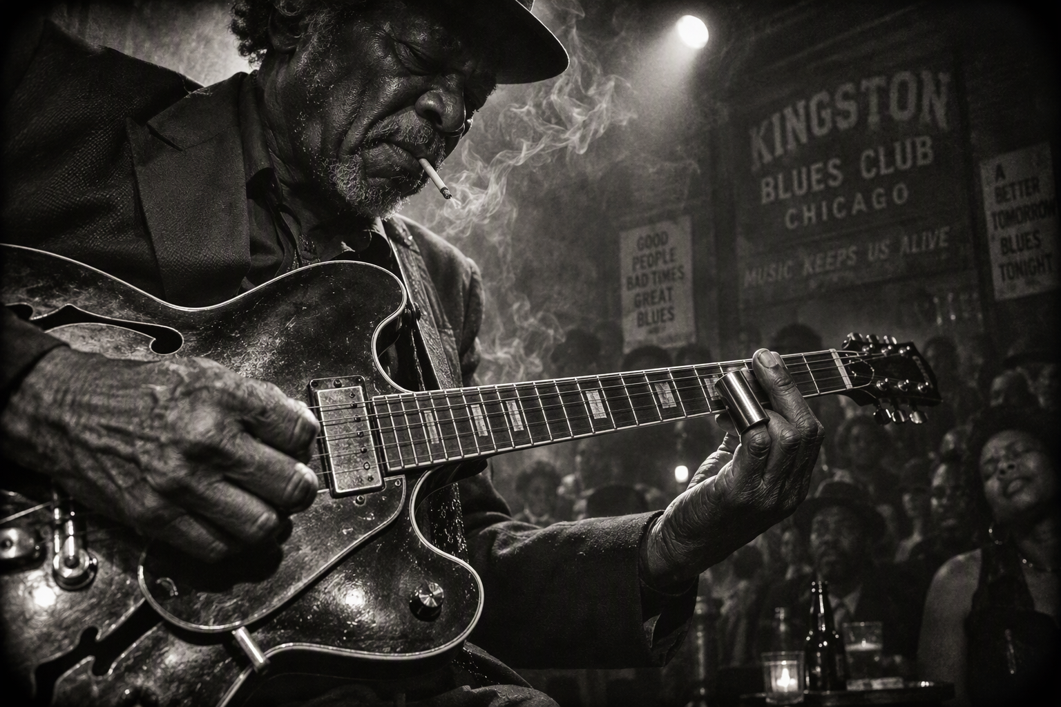 Elderly blues musician playing slide guitar on stage — AI art by ...