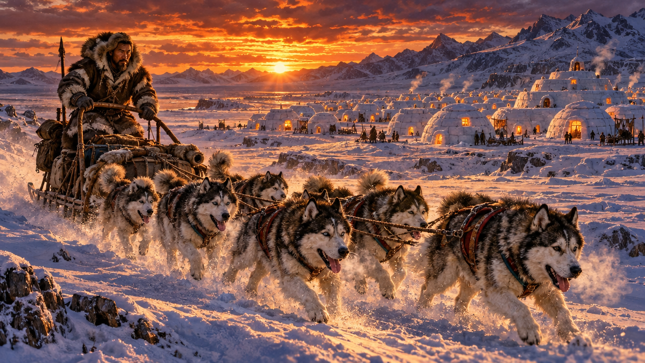 Husky sled team pulls a fur-clad Inuit musher past an igloo village at glowing arctic sunset