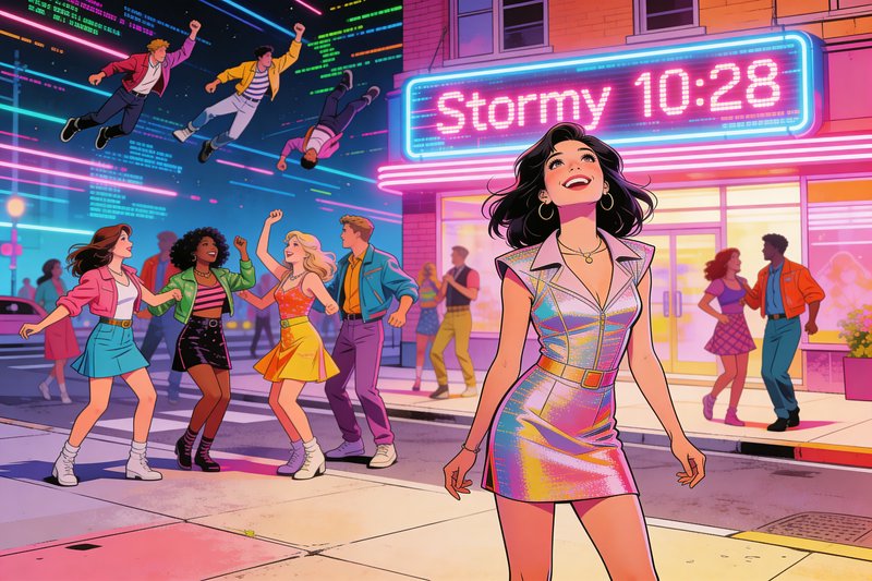 Vibrant neon-lit street scene with a stylish woman in a holographic dress as dancers celebrate.