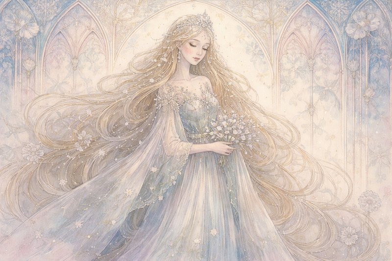 Ethereal fantasy illustration of a princess in a flowing pale blue gown with floral accents.