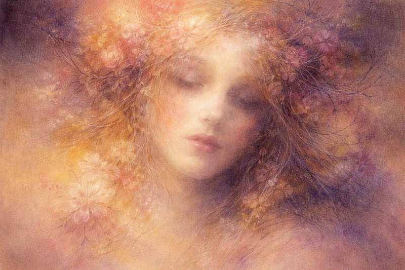 Dreamy portrait of a woman with a flower crown in pastel colors.