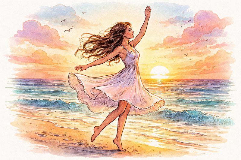 Woman dancing on a beach at sunset with a flowing white dress.