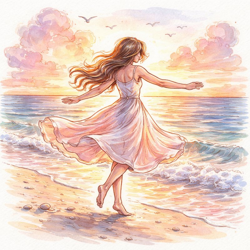 A woman in a flowing pink dress dances barefoot on a sunlit beach at sunset.