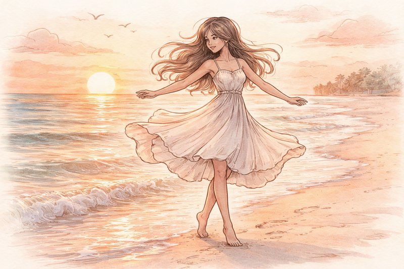 Illustration of a girl in a flowing white dress dancing on a beach at sunset.
