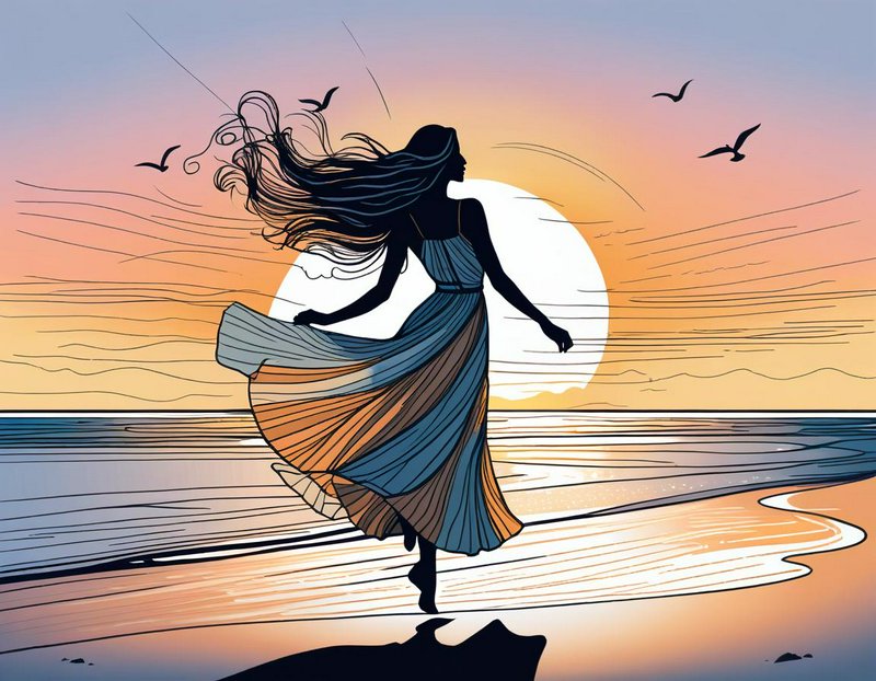 Silhouetted woman dancing on a sunset beach with a flowing dress and birds in the sky.