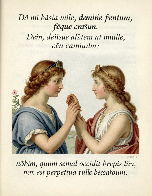 Two young girls in Greco-Roman attire exchange a small object, facing each other in a pastel-colored vintage illustration.