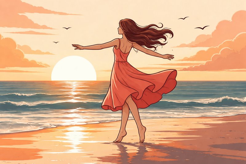 A woman in an orange dress dancing on a sunset beach.