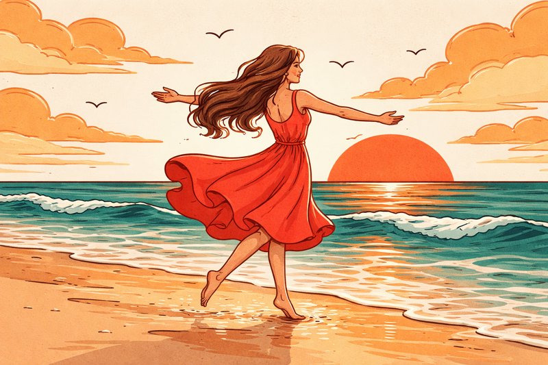 Woman in a red dress dancing along a sunset beach.