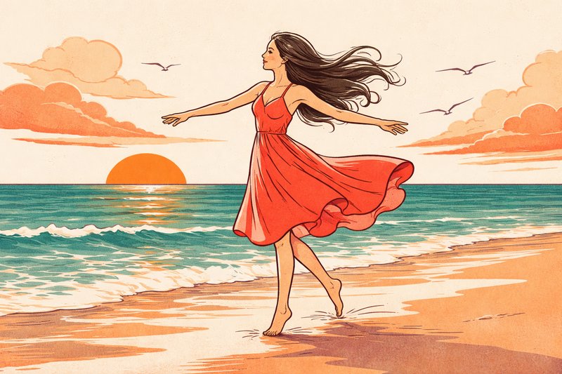 Woman in a red dress dancing along a sunset-lit beach with waves and wind-blown hair.