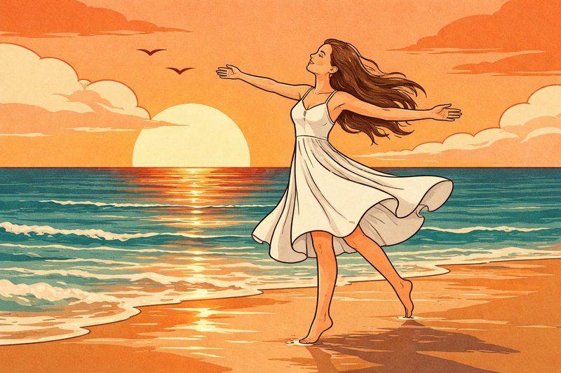 Illustration of a woman in a white dress dancing barefoot on a sunset beach.