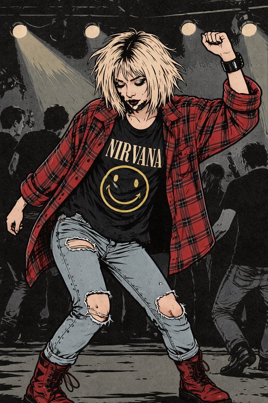 Illustrated punk dancer wearing a Nirvana tee, red plaid shirt, ripped jeans, and red boots on stage.