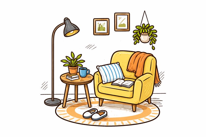 Cozy reading nook with a yellow armchair, lamp, plants, rug, and slippers.