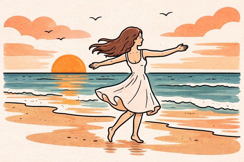 Woman in a white dress dancing barefoot on a sunset beach with waves.