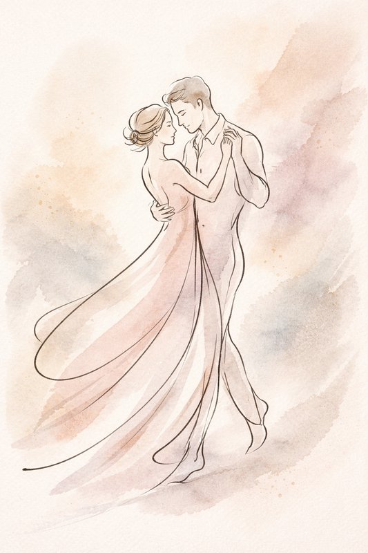 Watercolor illustration of a couple dancing gracefully in flowing dresses and soft pastel tones.