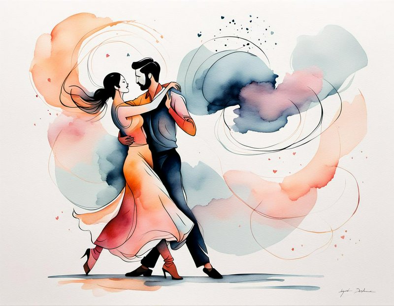 Watercolor illustration of a couple dancing with flowing pastel swirls