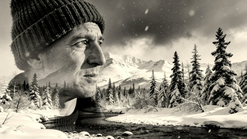 Double exposure portrait of a man in a knit cap merged with a snowy forest and mountains.