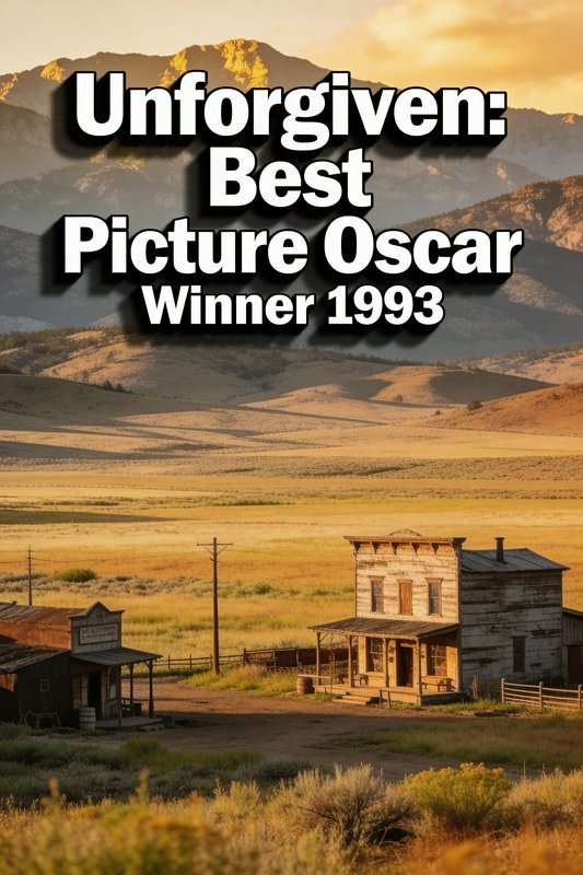 Old western frontier town at sunset with weathered wooden buildings and distant mountains.