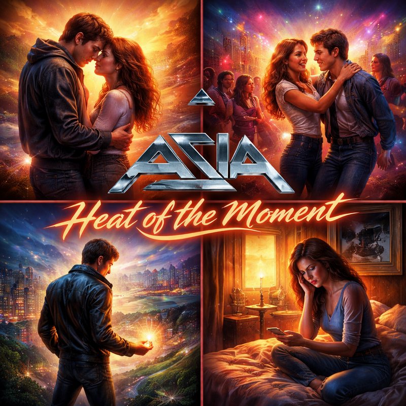 Romantic sci-fi poster with a couple embracing amid fiery cityscapes and a cozy bedroom, featuring neon “Heat of the