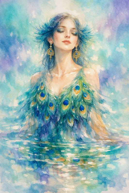 Watercolor portrait of a woman in a peacock-feather dress emerging from water in pastel blues and greens.