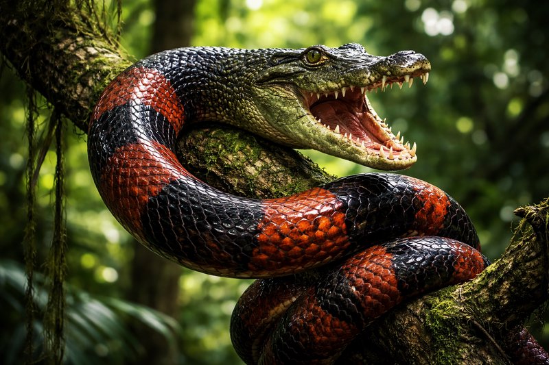 Large red-and-black banded snake coiled around a tree in a lush jungle, head raised with open jaws.