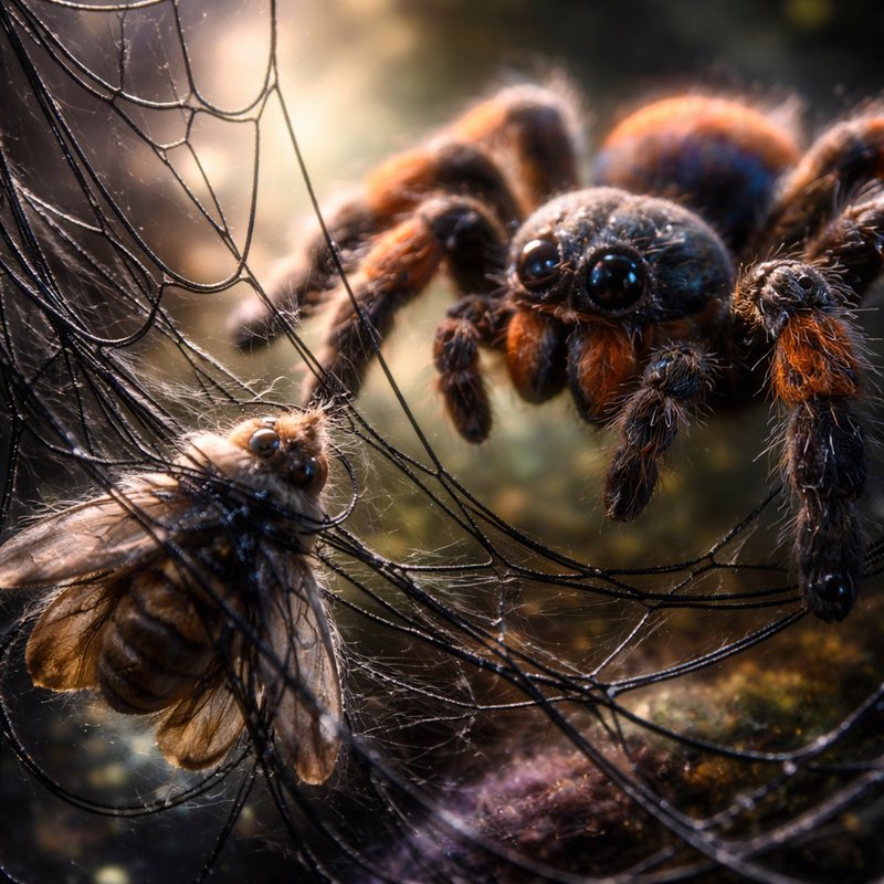 Macro close-up of a hairy tarantula spider and a moth tangled in a web.