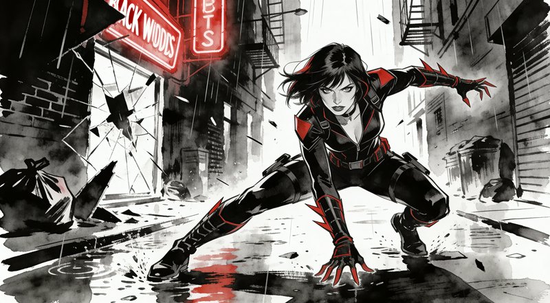 Dynamic noir illustration of a female superhero in a black and red suit crouching in a rain-soaked alley with neon signs.