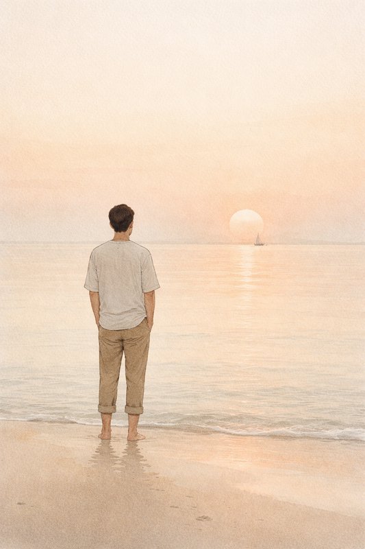 A person stands barefoot at the shoreline watching a sunset over calm sea.