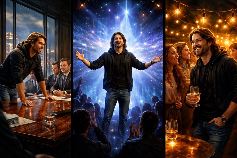 Charismatic man leading a conference, performing on a dazzling stage, and mingling at a string-lit celebration in a