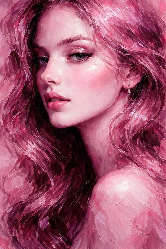 Portrait of a young woman with flowing pink hair in an impressionistic painting style.