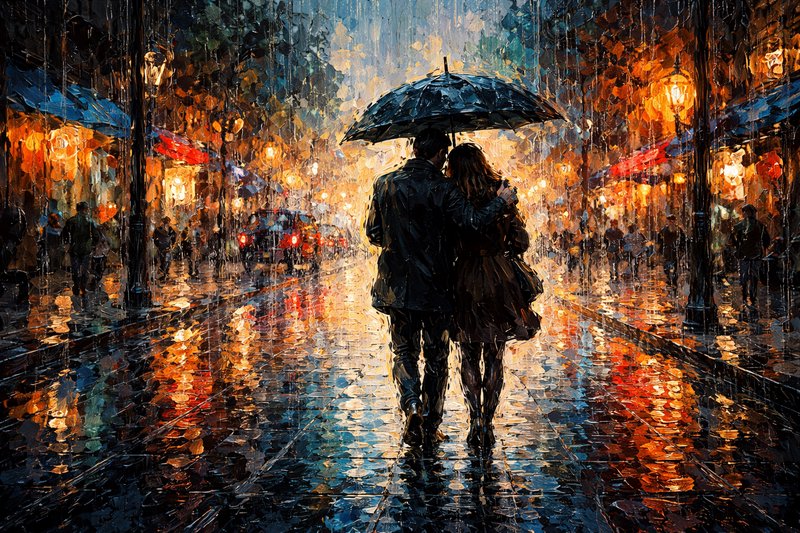 Couple sharing a black umbrella in a rainy, neon-lit city street at night