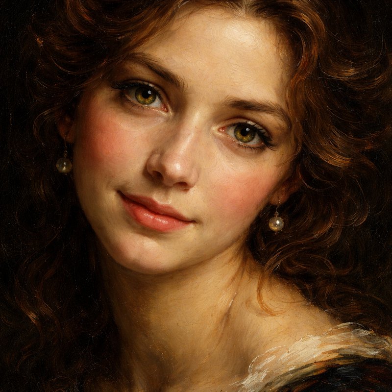 Portrait of a young woman with auburn curls and pearl earrings in soft lighting