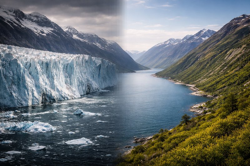 Glacier calving into a calm fjord between towering alpine peaks under a split-light sky.