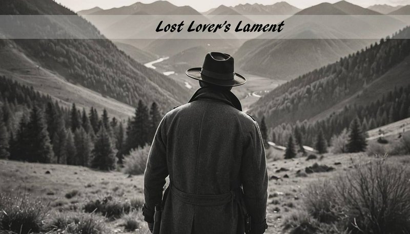 Man in a dark coat and wide-brim hat standing in a grayscale mountain valley, title "Lost Lover's Lament" across top
