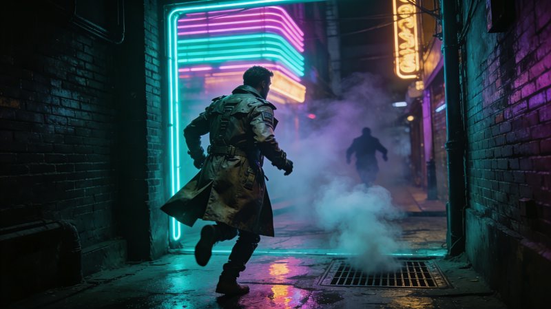 A man in a trench coat runs through a neon-lit alley with smoke and rain.