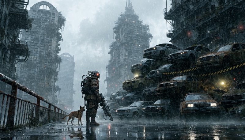 Post-apocalyptic city street with an armored soldier and a dog in the rain.