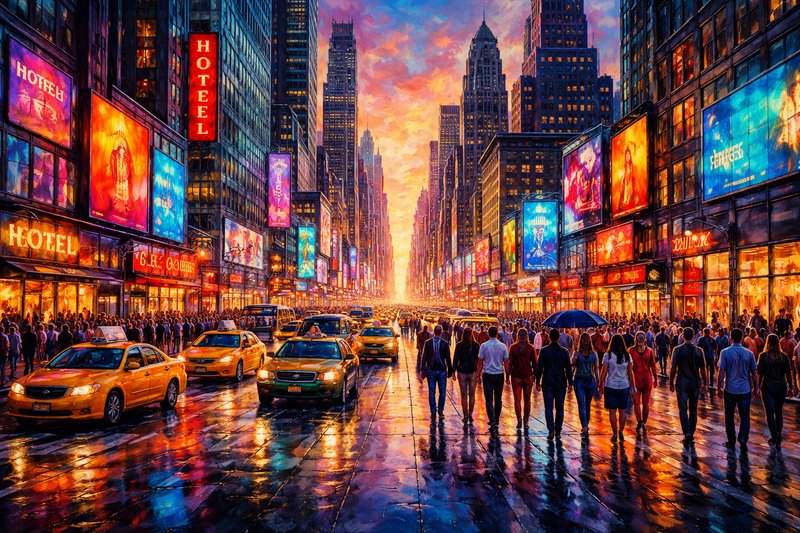 Neon-lit city street at dusk with crowds, taxis, and towering skyscrapers.