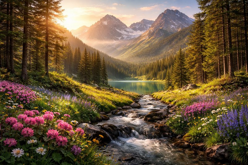 Alpine valley stream with wildflowers, pine forest, and distant snow-capped mountains at sunset.