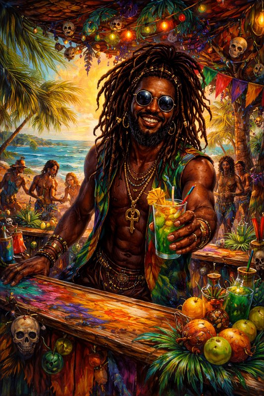 Vibrant tropical beach party scene with a man with dreadlocks offering a colorful cocktail.