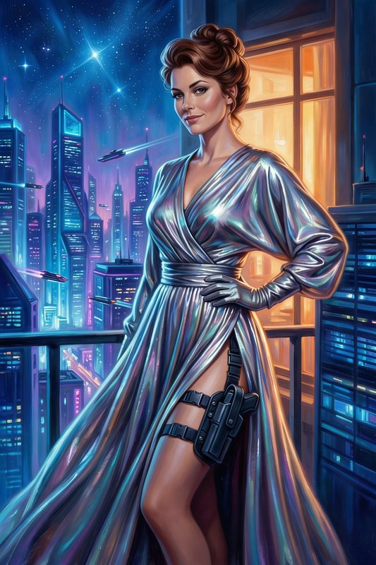 Stylized sci-fi heroine in a metallic silver gown on a balcony overlooking a neon futuristic city at night