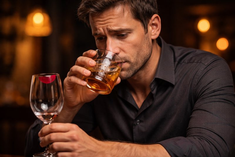Man in a dark shirt savoring whiskey with ice at a dim bar.