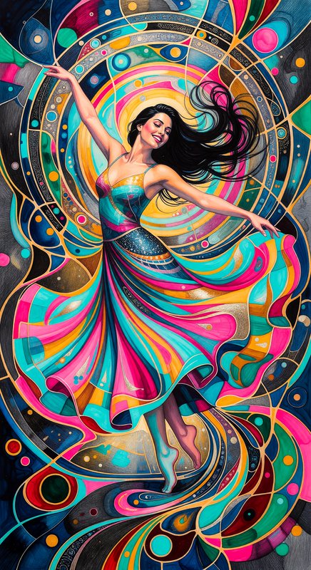 Dancer in a colorful abstract swirl pattern with a flowing rainbow dress.